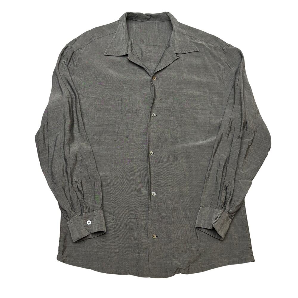 Vintage 1950s Gray Rayon Loop Collar Pick Stitch Shirt Men's 23x30 Rockabilly